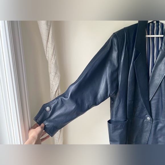 Leather navy blue blazer jacket - Picture 10 of 16